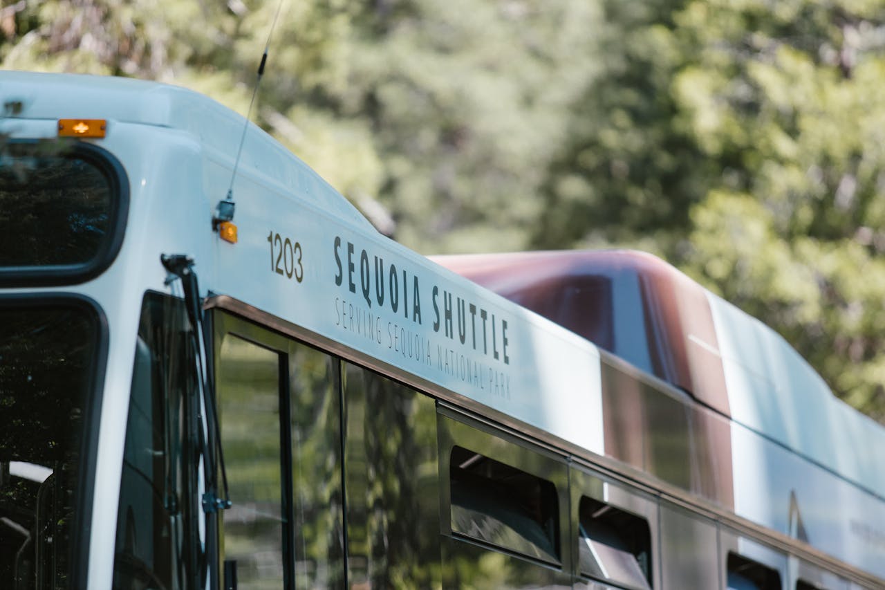 Shuttle bus serving Sequoia National Park on a sunny day, showcasing public transportation in natural surroundings.